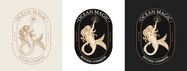 Logo della sirena illustrazione vettoriale del modello di marca sirena e ragazza marina con coda illustrazione vettoriale disegnata a mano vintage per logo e poster