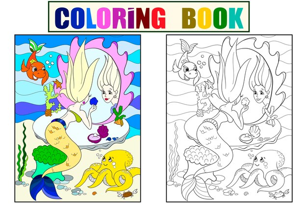 Mermaid looks in the mirror coloring book for children cartoon vector illustration Color Black and white