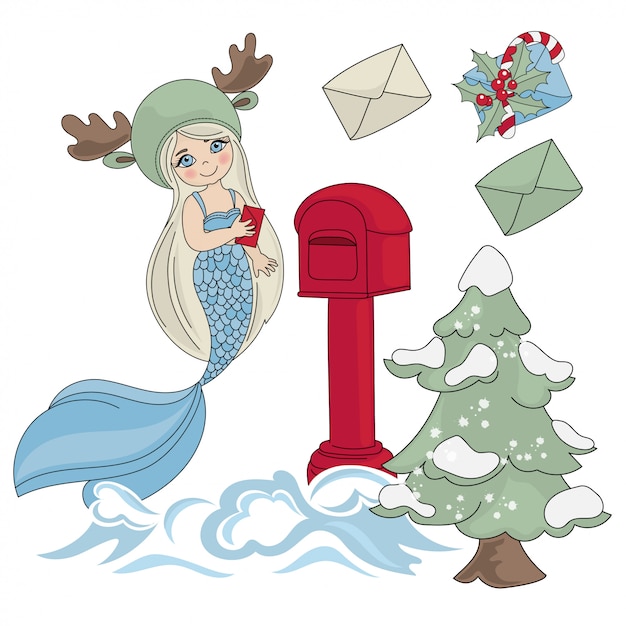 Mermaid mail nieuwjaarsillustratie set