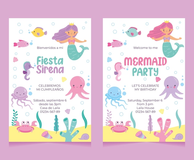 Mermaid party with sea bottom with marine animals