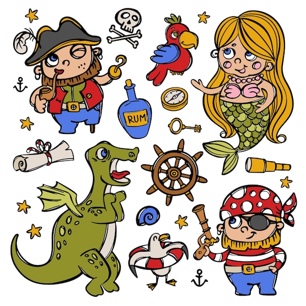 Mermaid and pirates nautical objects vector illustration set