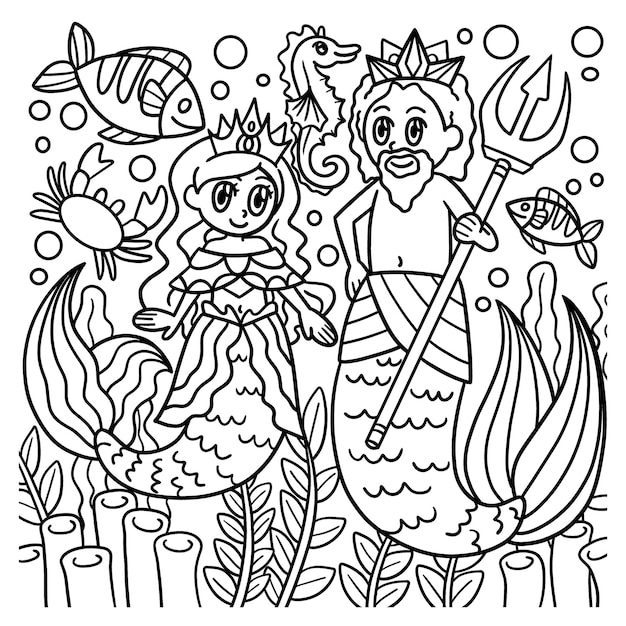Pagina da colorare della principessa sirena e del re tritone
