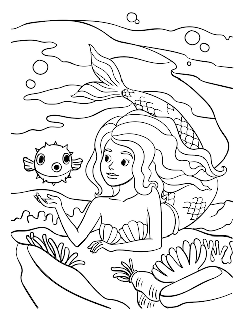 Mermaid and pufferfish isolated coloring page