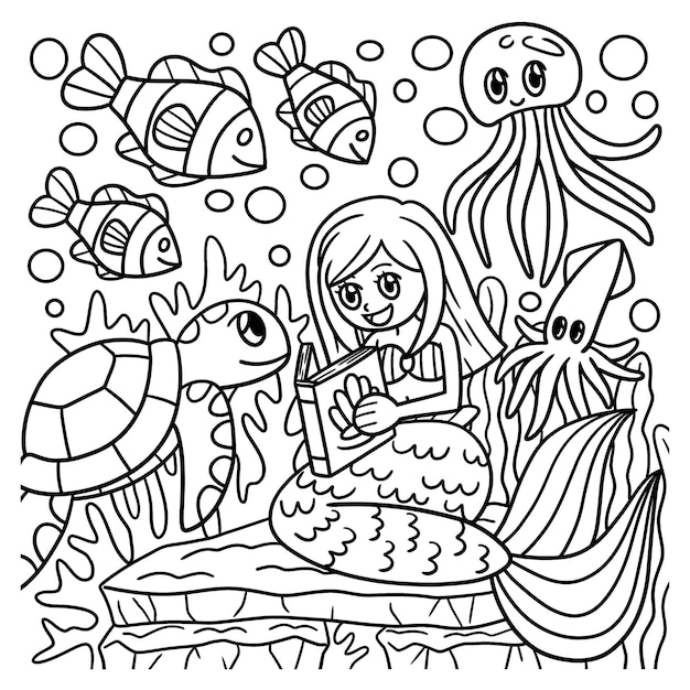 Mermaid Reading A book Coloring Page for Kids
