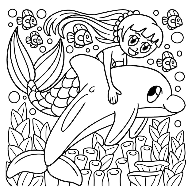 Mermaid riding in a dolphin coloring page for kids