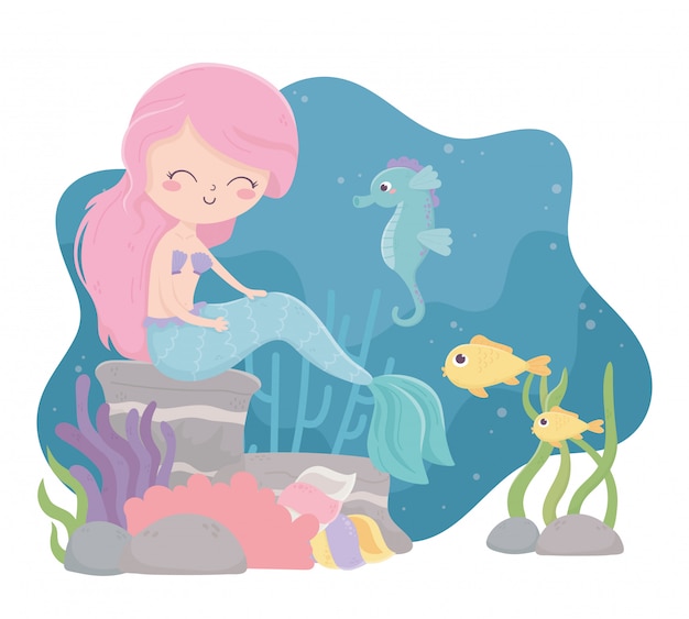 mermaid seahorse fishes snail algae coral cartoon under the sea vector illustration