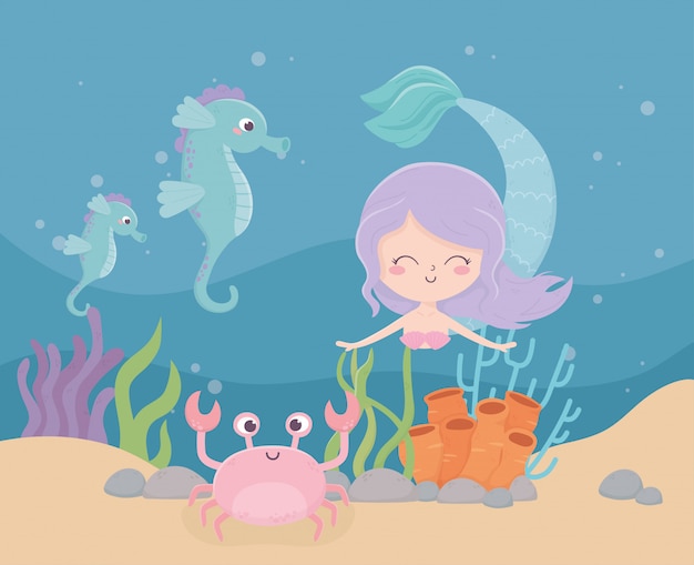 Mermaid seahorses crab coral sand cartoon under the sea vector illustration