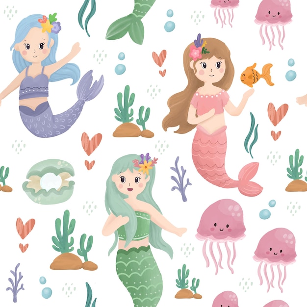 Mermaid seamless pattern background Cute little Mermaid and fish underwater background for print