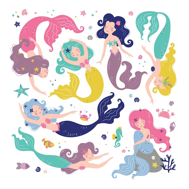 Mermaid  set with cute characters isolated. Sea collection