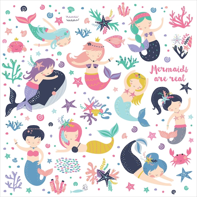 Mermaid set with cute characters