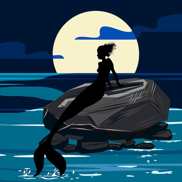 Vector mermaid sit on the rock silhoutte