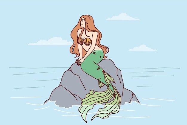 Mermaid sits on sea rock to illustrate fairy tales about ocean dwellers and magical creatures