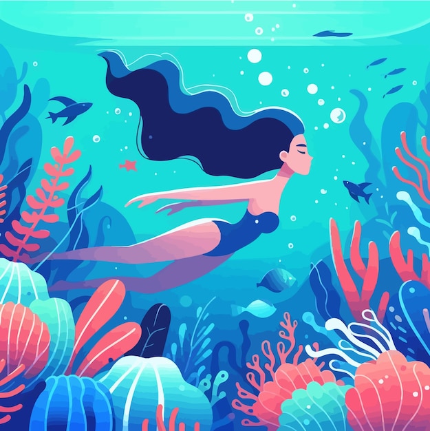 a mermaid swims under a coral reef with a mermaid swimming in the water