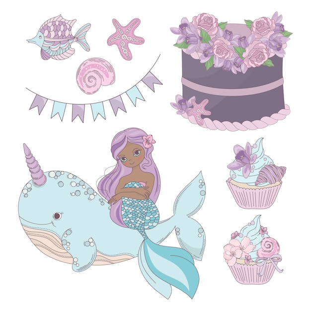 Vector mermaid theme birthday elements.