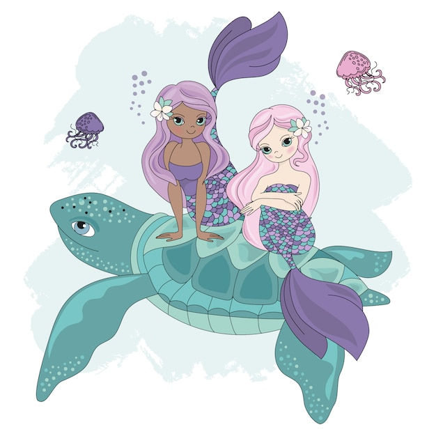 Mermaid turtle cartoon tropical animal