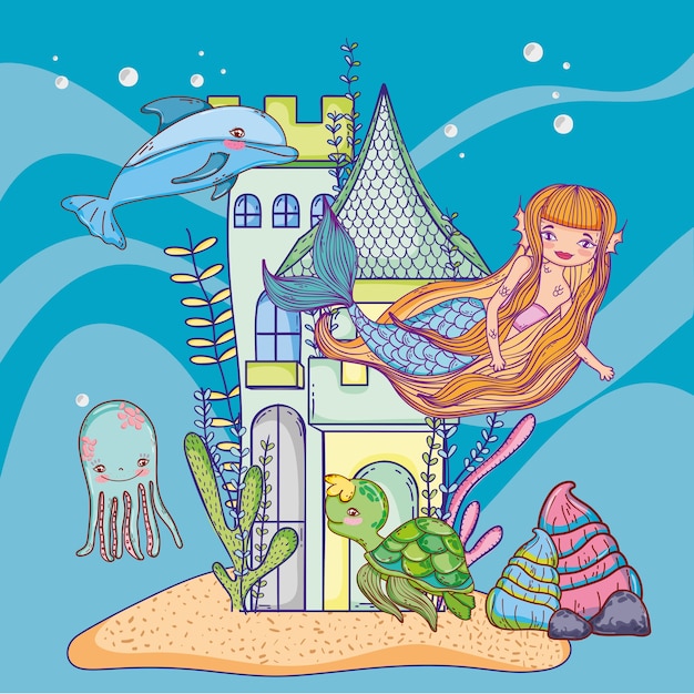 Vector mermaid and undersea castle