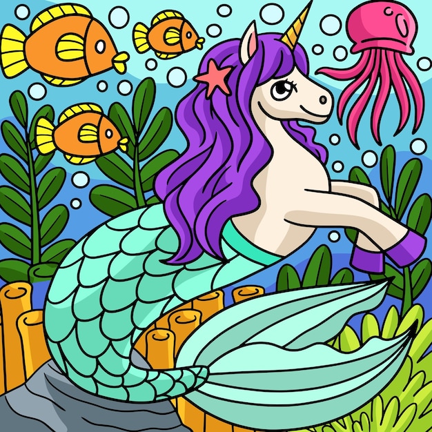 Mermaid Unicorn Colored Cartoon Illustration