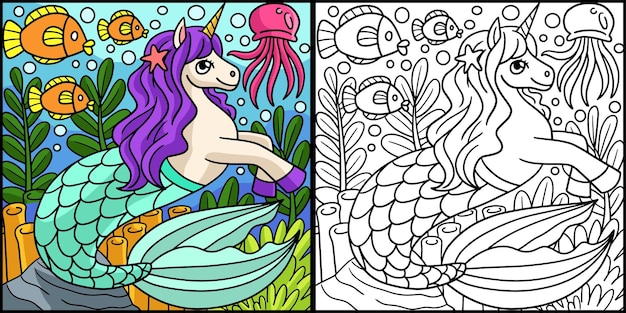 Illustrazione colorata della pagina di colorazione dell'unicorno della sirena