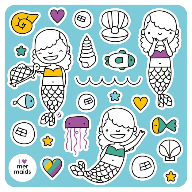 Mermaid vector illustration set