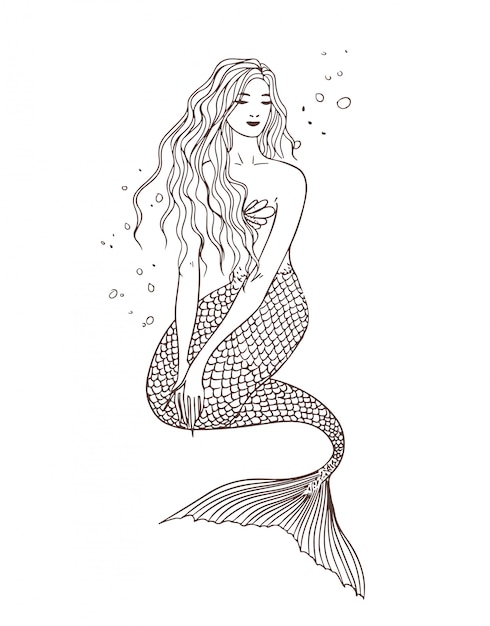 Sirena sotto l'acqua, vista frontale, posizione seduta. illustrazione di contorno disegnato a mano. bella naiade.