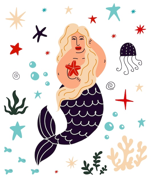 ブロンドの髪と海洋動物と人魚ベクトル漫画イラスト