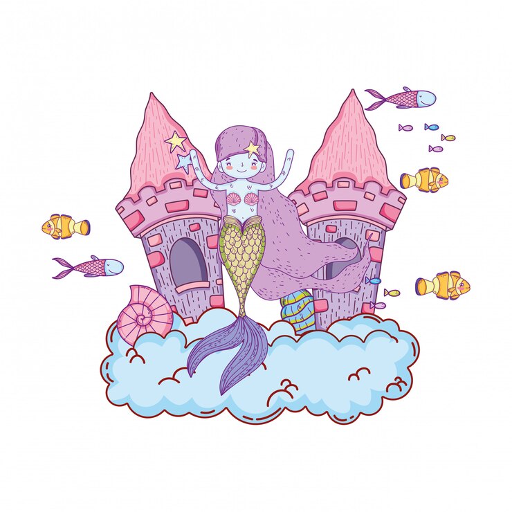 Vector mermaid with castle undersea scene