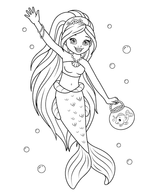 Mermaid with Fish Coloring Page Cartoon Illustration