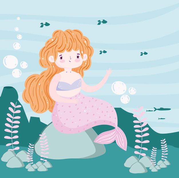 Mermaid with fishes in sea landscape illustration