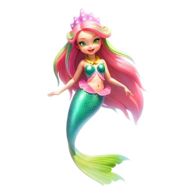 mermaid with pink and green hair and a beautiful tail