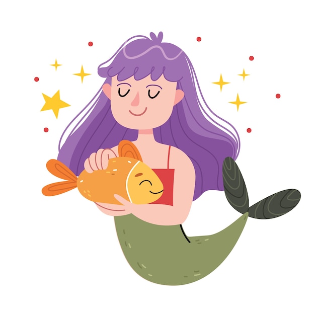 a mermaid with a purple hair hugs a fish. underwater world, fairy tale, kid illustration. illustration for children's book. cute poster. siren. sea theme.