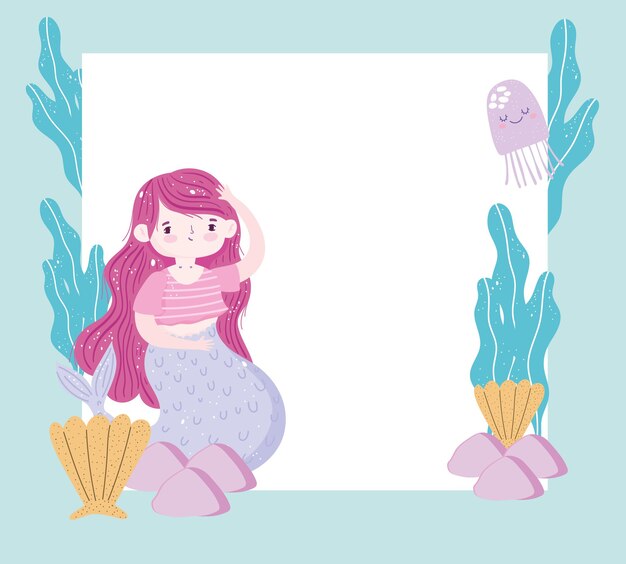 Mermaid with red hair and sea animals and with blank banner illustration