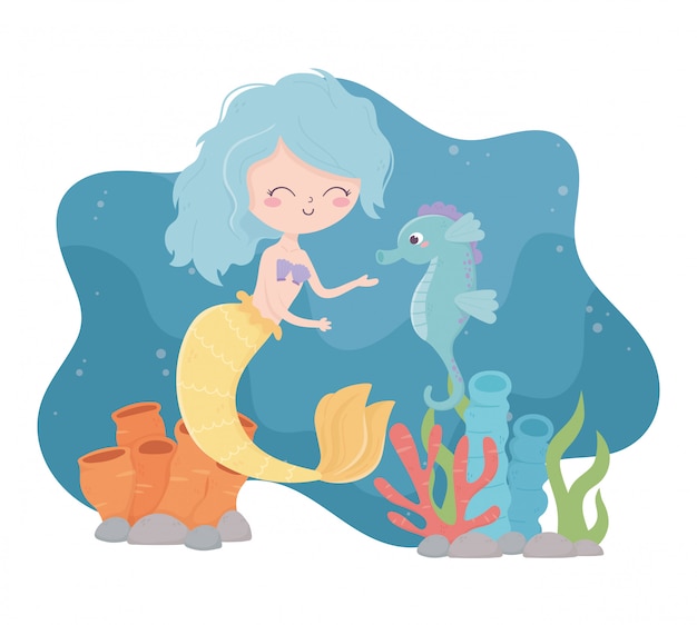 海のベクトル図の下でタツノオトシゴサンゴ漫画と人魚