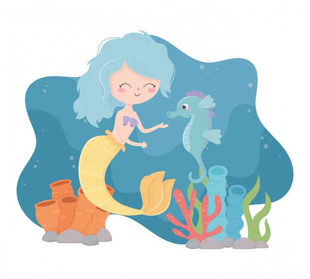 Mermaid with seahorse reef coral cartoon under the sea vector illustration