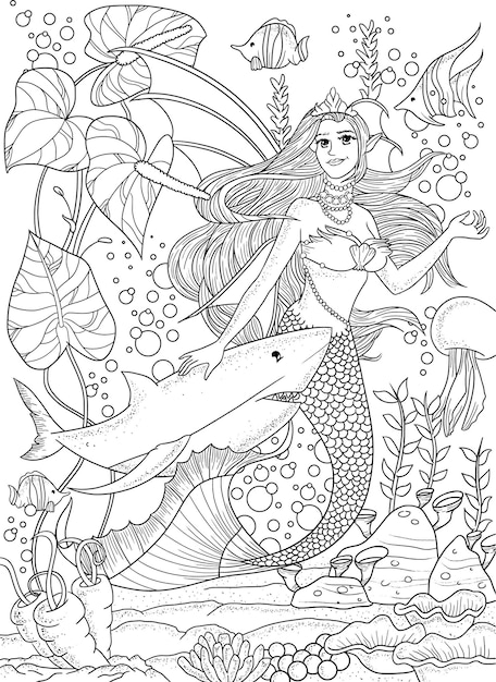 Mermaid with a shark in the water hand drawn vector