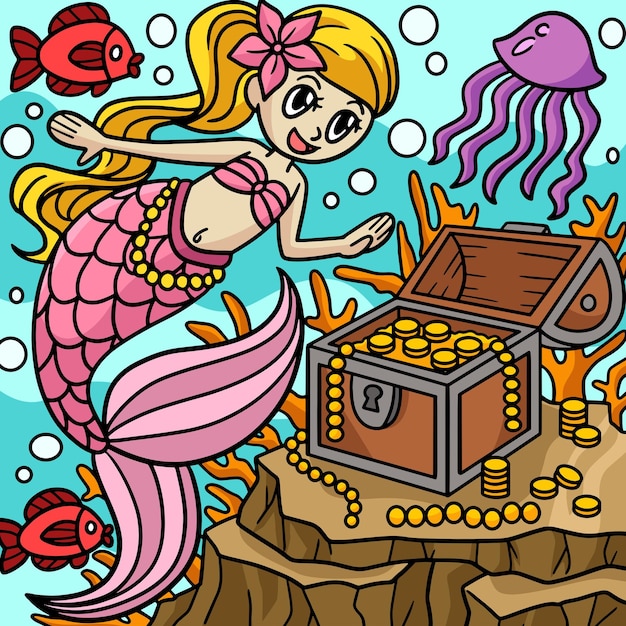 Mermaid With Treasure Box Colored Cartoon