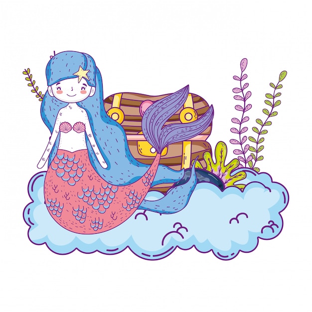 Mermaid with treasure chest undersea scene