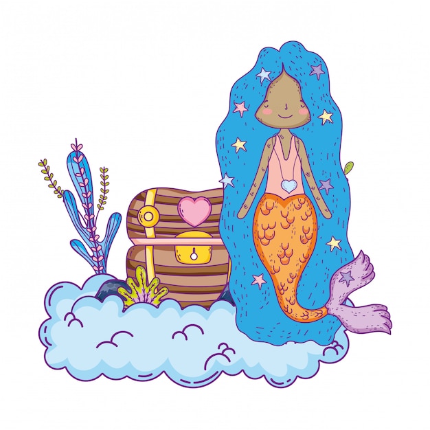 Mermaid with treasure chest undersea scene