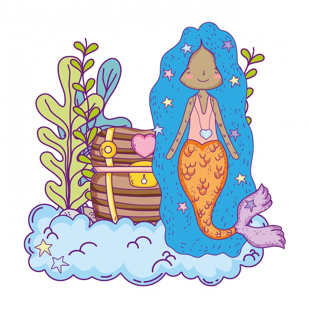 Mermaid with treasure chest undersea scene