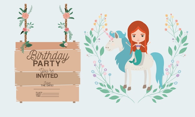 mermaid with unicorn and wooden label invitation card