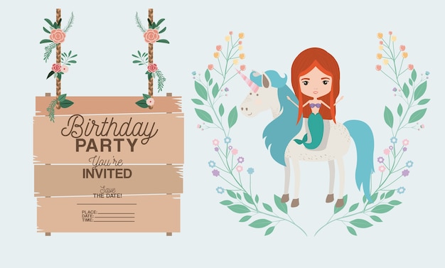 Mermaid with unicorn and wooden label invitation card