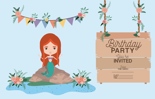 mermaid with wooden label invitation card 