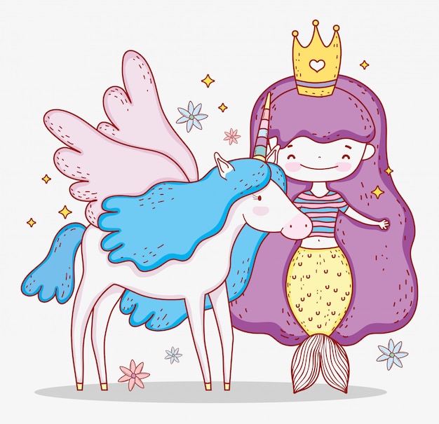 Vector mermaid woman wearing crown and unicorn with wings