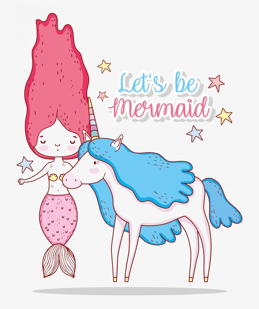 Vector mermaid woman with cute unicorn with stars