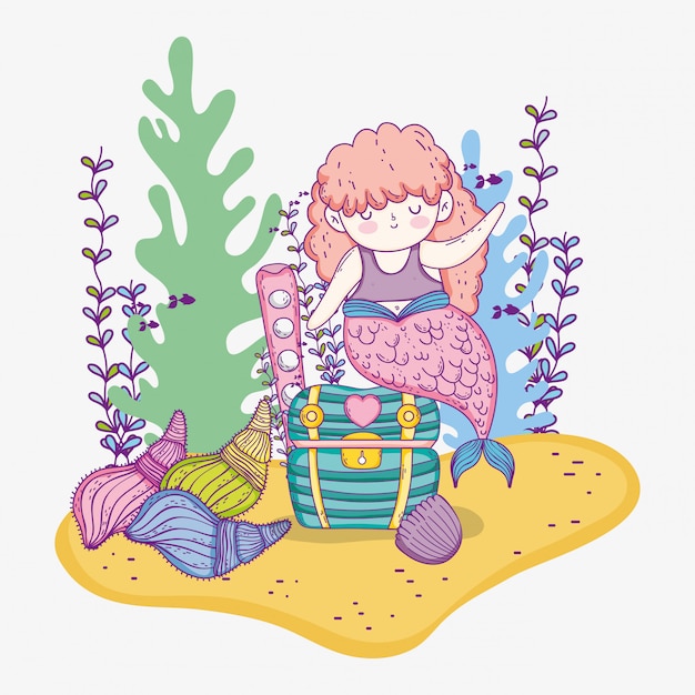 Mermaid woman with shells and seaweed plants