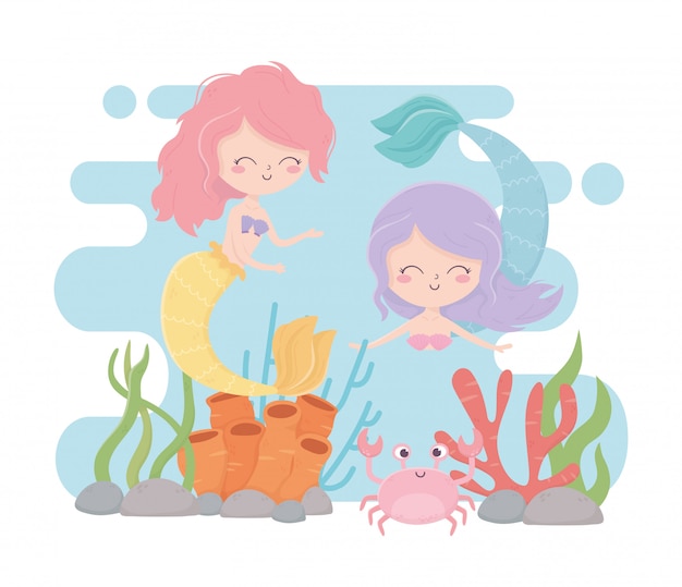 Mermaids and crab reef coral cartoon under the sea vector illustration