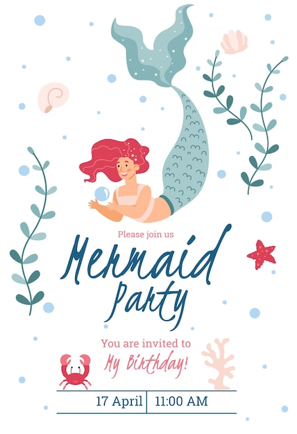 Vector mermaids party banner or invitation template flat vector illustration