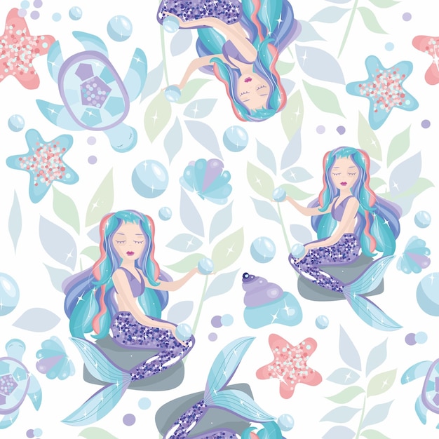 Vector mermaids seashells stars underwater world seamless pattern