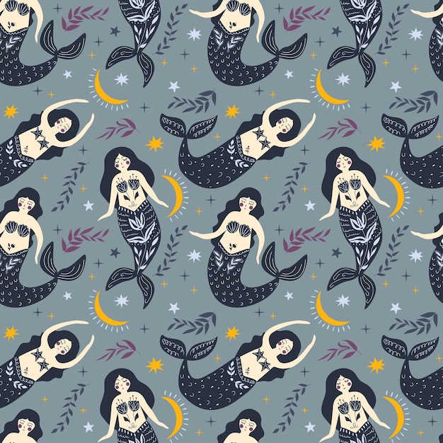 Mermaids and stars crescent moon vector illustration seamless pattern