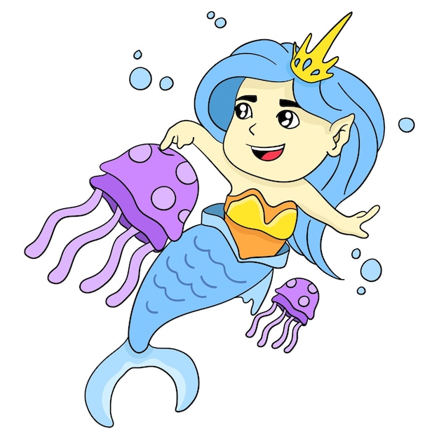 Mermaids swim with jellyfish. cartoon illustration cute sticker