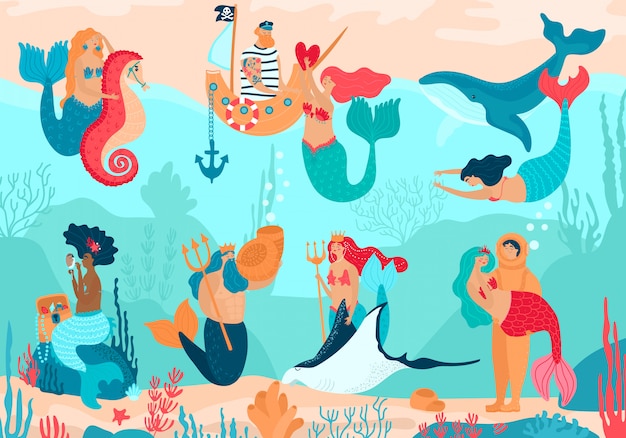 Mermaids under water, cartoon characters people  illustration